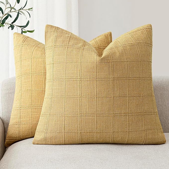 Foindtower Set of 2 Decorative Linen Check Throw Pillow Covers Neutral Farmhouse Vintage Cushion Covers Modern Boho Accent Home Decor for Sofa Chair Couch Bedroom Living Room,26×26 Inch,Amber Gold