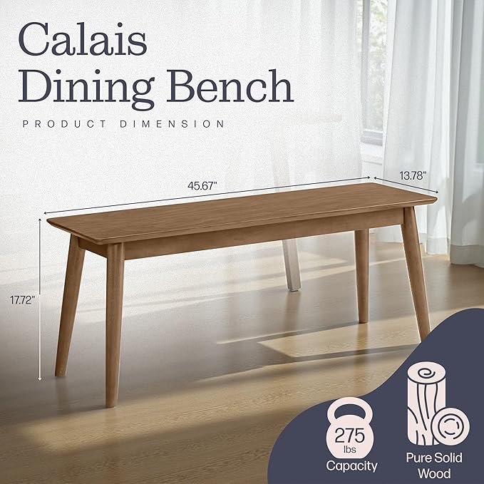Alaterre Furniture Calais Dining – Mid Century Modern 46-Inch Solid Wood Dining Bench – Entryway Bench with Minimalist Design for Entryway, Dining Room, Kitchen, or Bedroom (Warm Pecan Finish)