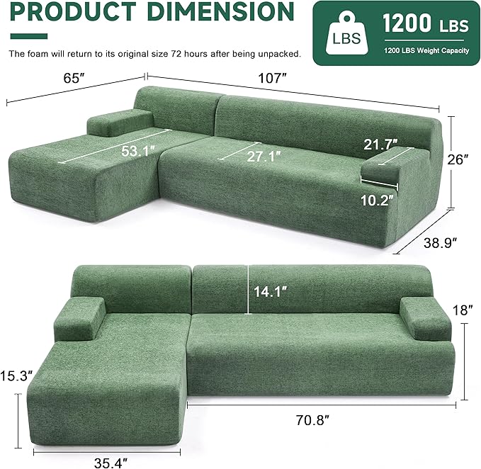 Weture 107" Modular Sectional Cloud Couch, Boneless couches Sponge sectionals for Living Room, High Density Sponges Sofa, Modular L-Shape with Chaise, Green