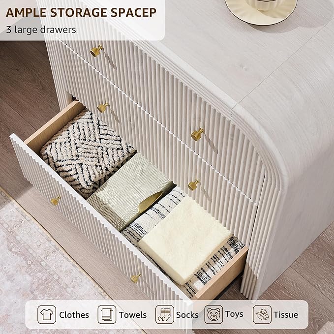 T4TREAM Fluted Dresser with 3 Drawers, 32" Tall Modern Chest of Drawers with Thickened Curved Profile Design, Wood Closet Clothes Storage Organizer for Bedroom, Living Room, Hallway, Alder White