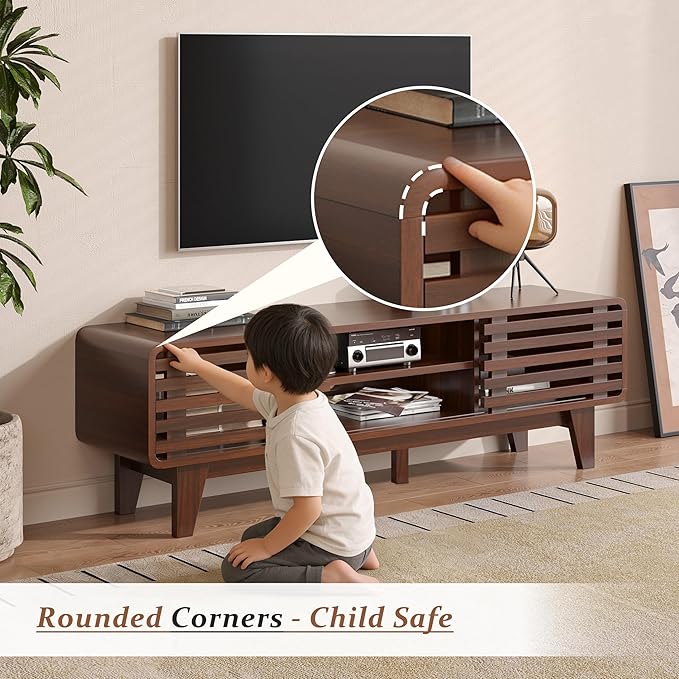 Luoxiao 55" Mid Century Modern TV Stand for 55 60 65 Inch TV, Walnut Media Console with Slatted Sliding Doors, Retro Wood Entertainment Center with Storage Shelves for Living Room, Bedroom