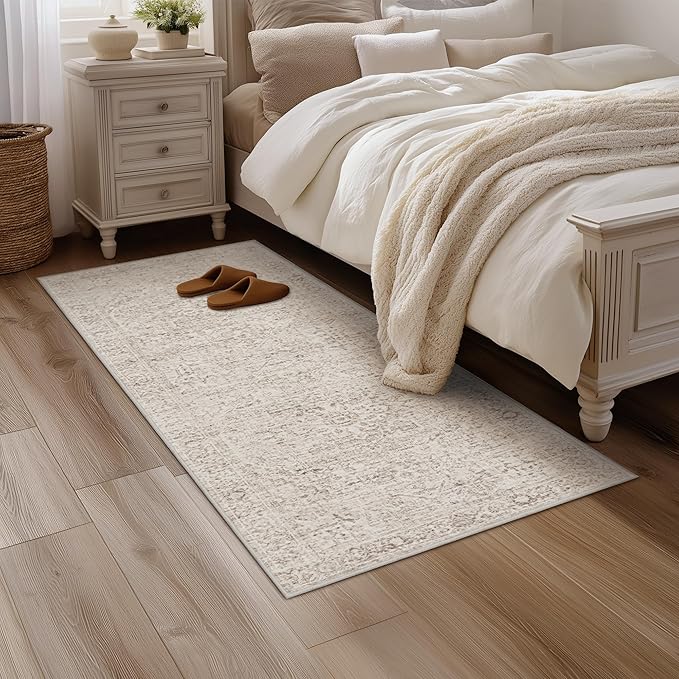 FMFUNCTEX 3x8 Runner Rug Beige Washable Vintage Neutral Oriental Distressed Non Slip Low Pile Indoor Carpet Soft Hallway Entryway Rug for Kitchen Living Room Bedroom Bathroom Laundry Entry Bedside