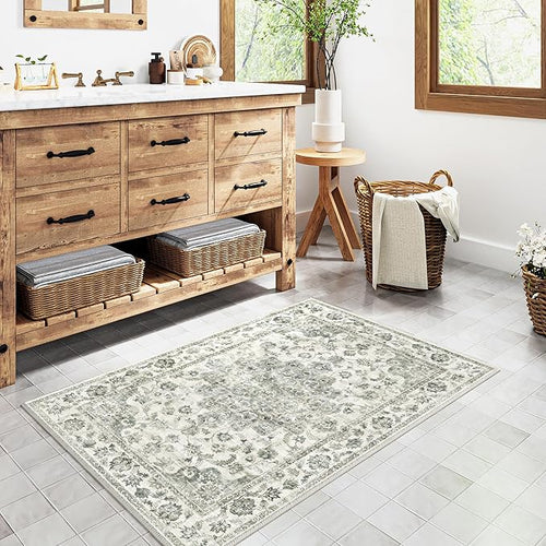 2x3 Washable Neutral Area Rug Green Vintage Entryway Kitchen Carpet Non-Slip Soft Low Pile Farmhouse Indoor Small Throw Rug for Bedroom Bathroom Entrance