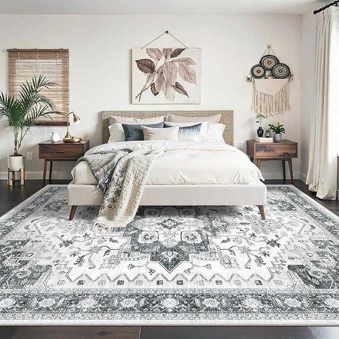 befbee Washable Area Rug 8x10, Area Rugs Stain Resistant Neutral Washable Rugs for Living Rooms Bedroom Vintage Non-Slip Thin Large Size Area Rug（Grey）