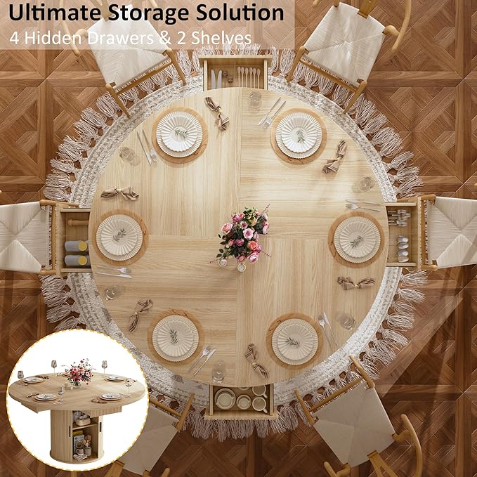 HUAHUU 47.2" Round Dining Table for 4-6, Modern Kitchen Table with 4 Drawers and 2-Tier Storage Shelf, Wooden Circle Dining Tables with Fluted Base & Sliding Door for Home Kitchen Living Room, Natural
