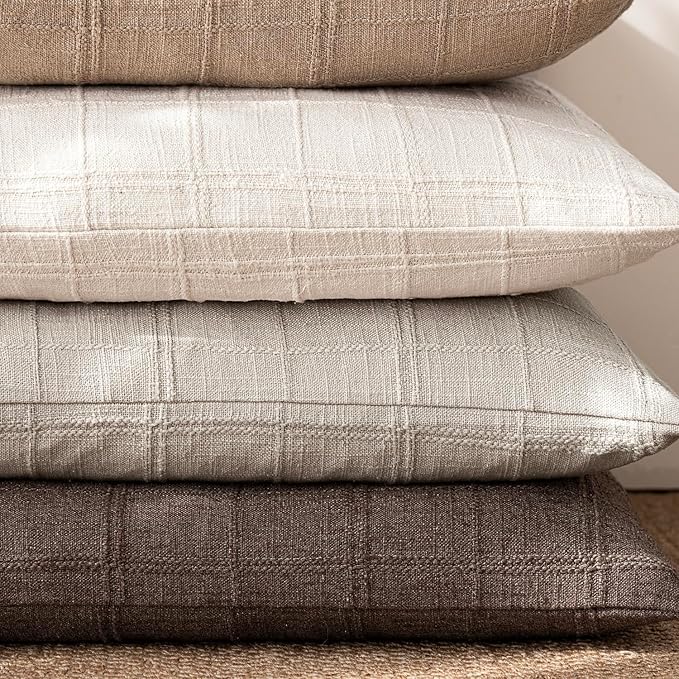 Foindtower Set of 2 Decorative Linen Check Throw Pillow Covers Neutral Farmhouse Vintage Cushion Covers Modern Coastal Boho Home Decor for Sofa Chair Couch Bedroom Living Room,24×24 Inch,Light Grey