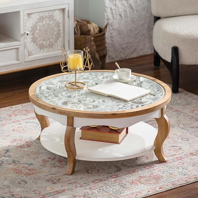 WILLIAMSPACE 31.5" Round Coffee Table with Open Storage, Farmhouse Solid Wood Circle Center Table with Tempered Glass Top 2-Tier Tea Table for Living Room, Easy Assembly (White & Natural Wood Finish)