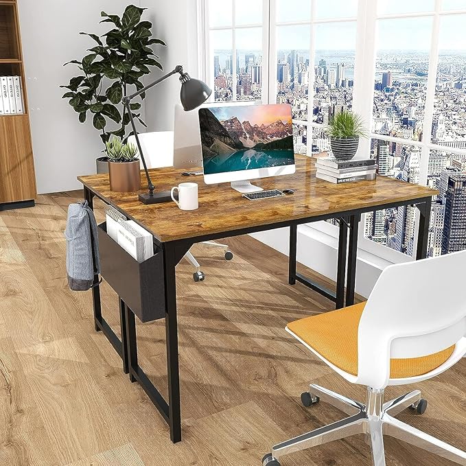 Sweetcrispy Computer Office Desk 55 Inch Student Study Writing Work with Metal Frame Wood Tabletop Modern Simple PC Home Bedroom Table, Rustic Brown