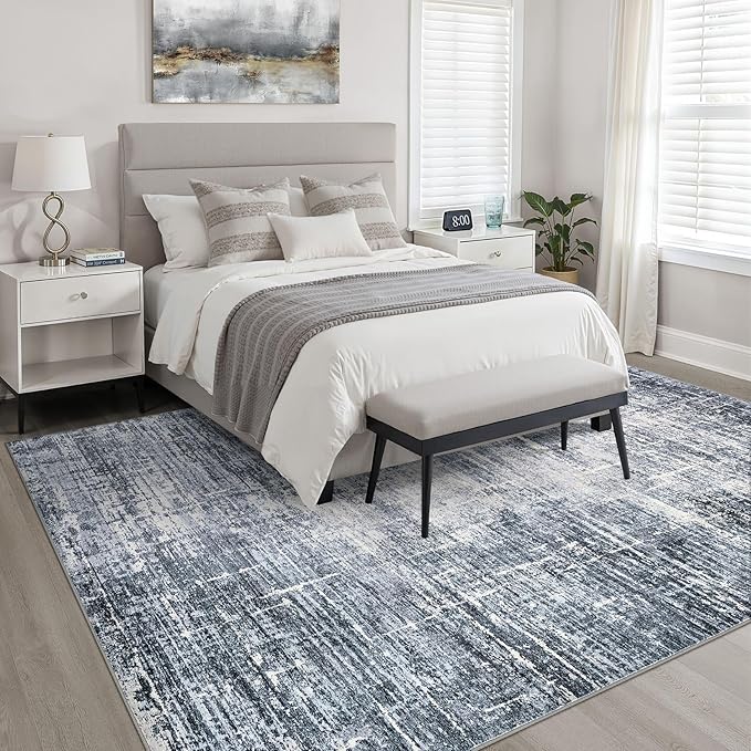 9x12 Area Rug Living Room: Washable Large Neutral Navy Rug Abstract Soft Modern Stain Resistant Indoor Floor Non-Slip Carpet for Bedroom Nursery Kids Office Playroom Dining Room Under Table Home