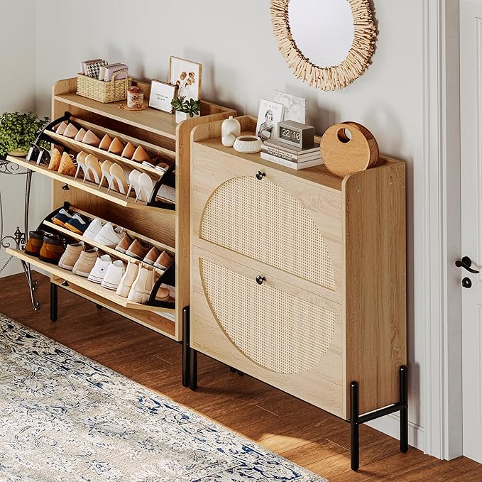 IRONCK Shoe Cabinet Storage with 2 Flip Drawers, Free Standing Wooden Shoe Storage Organizer Cabinet with Rattan Doors for Entryway, Narrow Shoe Rack Cabinet, Oak