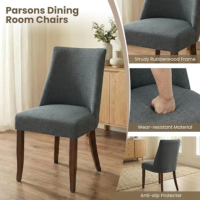 Wooden Dining Chairs Set of 2, Upholstered Farmhouse Fabric Dining Room Chair, Mid Century Kitchen Chair for Restaurant & Cafe, Dark Grey