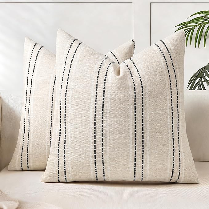 AELS 16x16 Decorative Farmhouse Linen Throw Pillow Covers, Boho Textured Pillow Case, Set of 2, Beige with White & Black Stitch Yarn Dyed Stripe Cushion Cover for Sofa Couch Living Room (Cover ONLY)