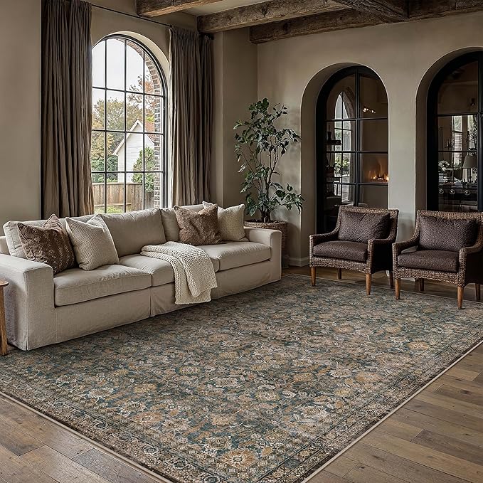 6x9 Washable Traditional Area Rug Living Room Brown Floral Non Slip Low Pile Throw Rug Neutral Vintage Stain Resistant Carpet Bedroom Kitchen Dining Room Office Playroom