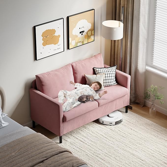 TYBOATLE Love Seat Mid Century Modern Small Loveseat for Living Room, 51" W Mini Little Upholstered 2-Seater Love Seats w/Iron Legs for Compact Small Space, Apartment, Bedroom, Dorm, Office (Pink)