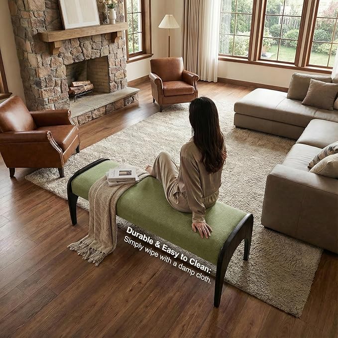 LukeAlon Extra Long 51-Inch Upholstered Storage Bench with Green Linen Fabric & Black Rubber Wood Legs for Kitchen Table, Bedroom, Entryway