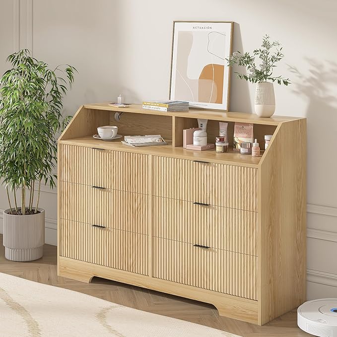 Fluted Dresser for Closet, Boho Bedroom 6 Drawer Dresser TV Stand with Charging Station, Oak Wide Chest of Drawers, Farmhouse Wood Closet Clothes Storage for Living Room, Metal Handle, 47"