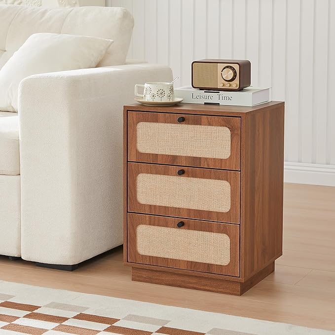 AVZEAR Mid Century Night Stand Set of 2, Modern Nightstand with 3 Drawers and Nature Linen Panel, Wood Bedside Table Rustic End Table for Small Space, Dorm, Bedroom(Walnut)