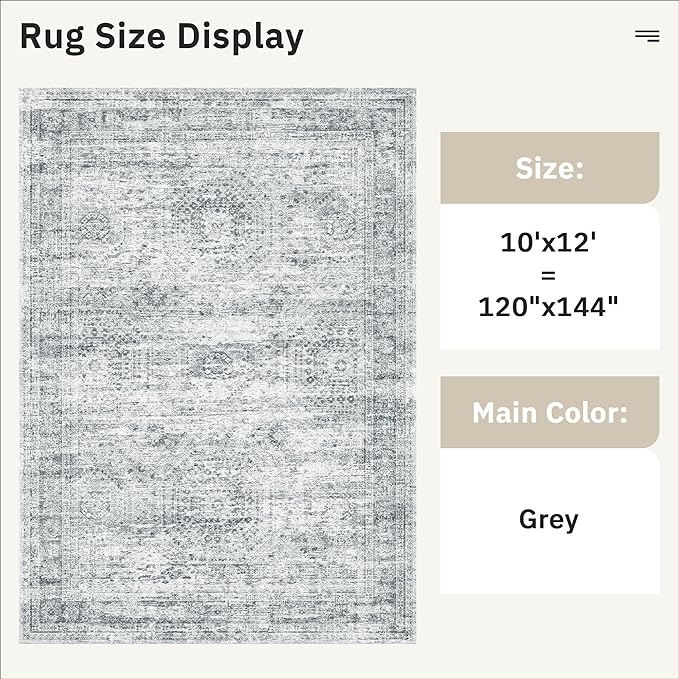 Soalmost Area Rug 10x12 Vintage Washable Living Room Large Gray Carpet Non Slip Bedroom Indoor Office Dining Room Low Pile Thin Rug Grey