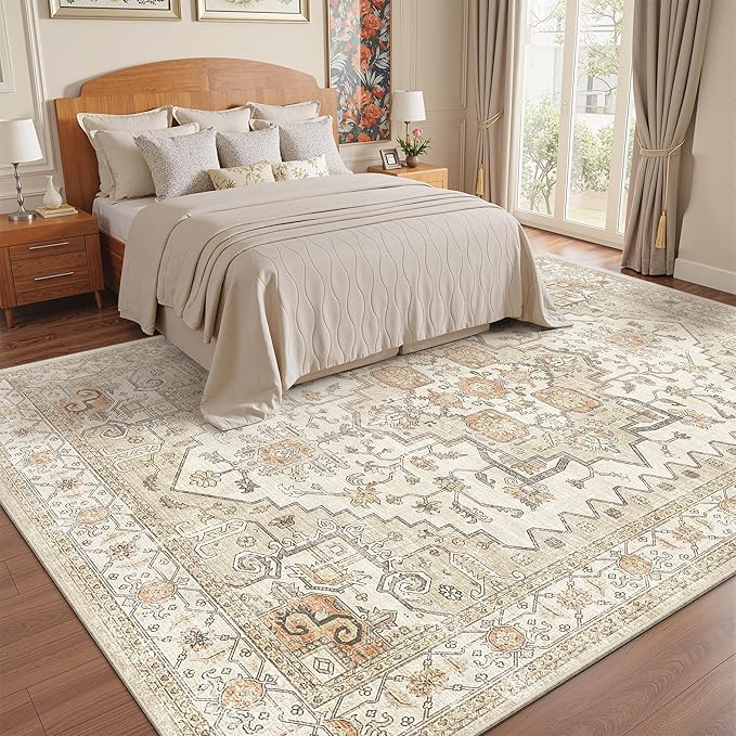 befbee 8x10 Area Rugs for Living Room, Stain Resistant Neutral Washable Rugs for Dining Room, Vintage Non-Slip Thin Large Size Area Rug, Printed Vintage Home Decor Rug(Gold