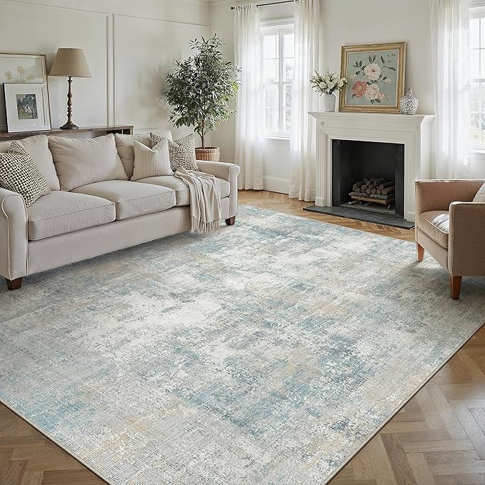 10x12 Washable Area Rug Blue Cream Abstract Non Slip Soft Low Pile Rug for Living Room Bedroom Dining Room Office Neutral Modern Indoor Large Throw Carpet for Home Decor