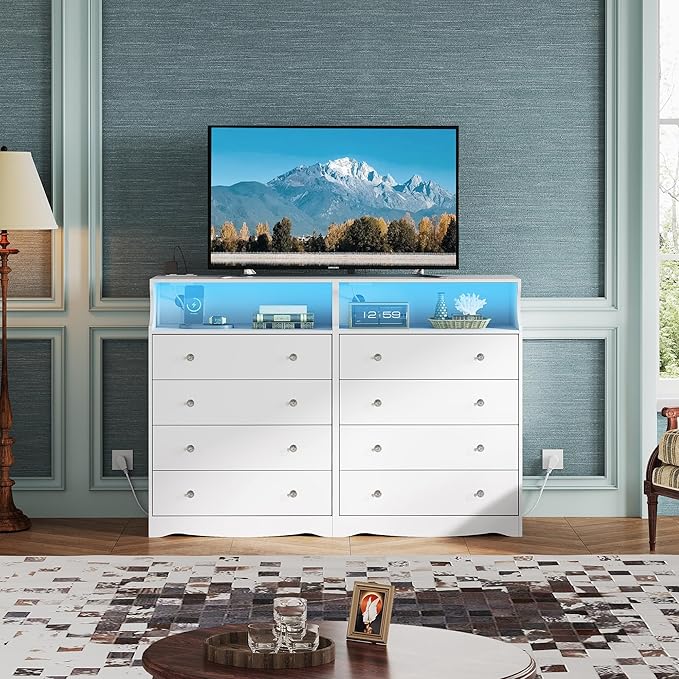 WLIVE White LED Dresser for Bedroom, Tall Wood Dresser with 4 Drawers and Open Shelf, Chest of Drawers with Power Outlet for Living Room, Hallway, Closet
