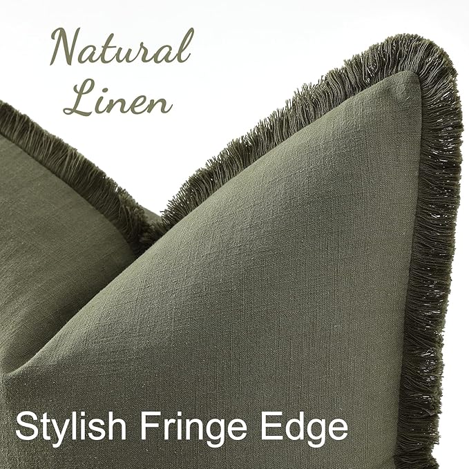 decorUhome Summer Decorative Neutral Linen Fringe Euro Sham Throw Pillow Covers Set of 2 Olive Green Pillow Covers with Tassels Soft Farmhouse Boho Accent Pillow Cases for Couch Bed Sofa 26x26 Inch