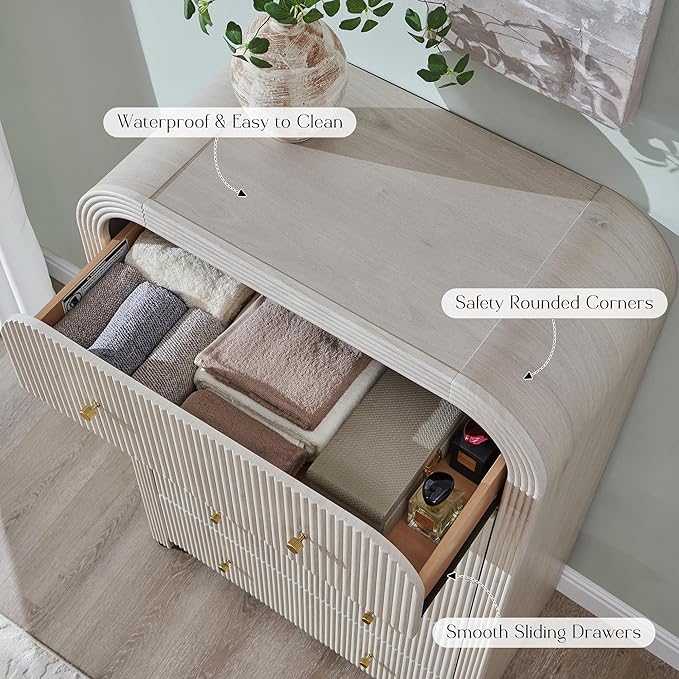 T4TREAM Fluted Dresser with 5 Drawers, 48" Tall Modern Chest of Drawers with Thickened Curved Profile Design, Wood Closet Clothes Storage Organizer for Bedroom, Living Room, Hallway, Alder White