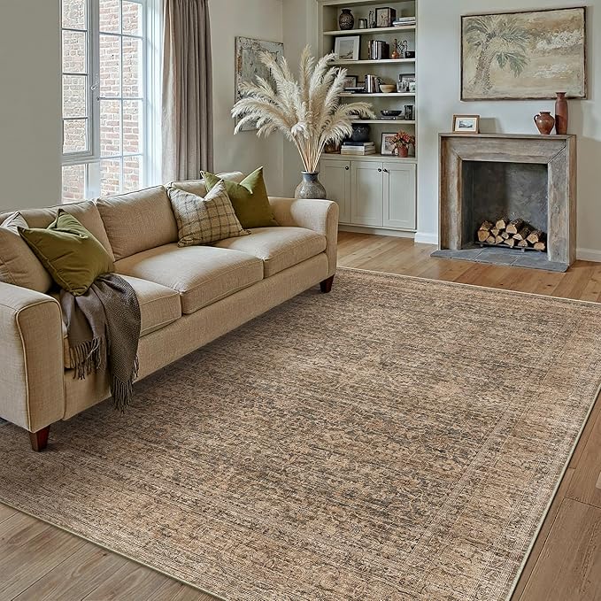 PureCozy 8x10 Area Rugs Machine Washable Brown Living Room Bedroom Vintage Distressed Non Slip Carpet Indoor Large Low Plie Thin Dining Room Home Office Retro Accent Rug