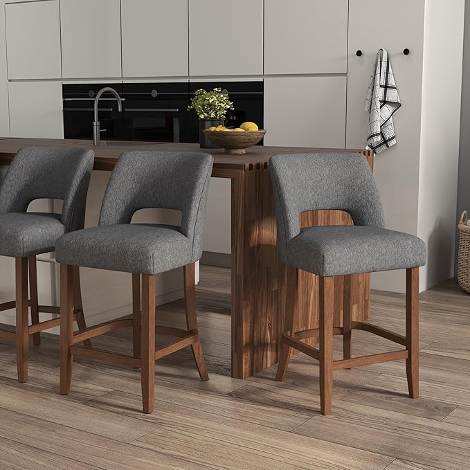 VKNOW Bar Stools Set of 2, 26" Upholstered Counter Height Bar Stools, Modern Counter Stools with Wood Legs for Kitchen Island Dining Room Bar, Charcoal