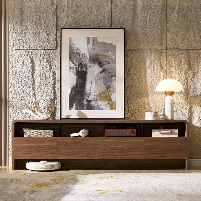 AMERLIFE 70" Modern TV Stand for TVs Up to 80", Wood TV Console with Curved Profile Design & 2 Storage Cabinets, Media Console Entertainment Center for Living Room, Brown