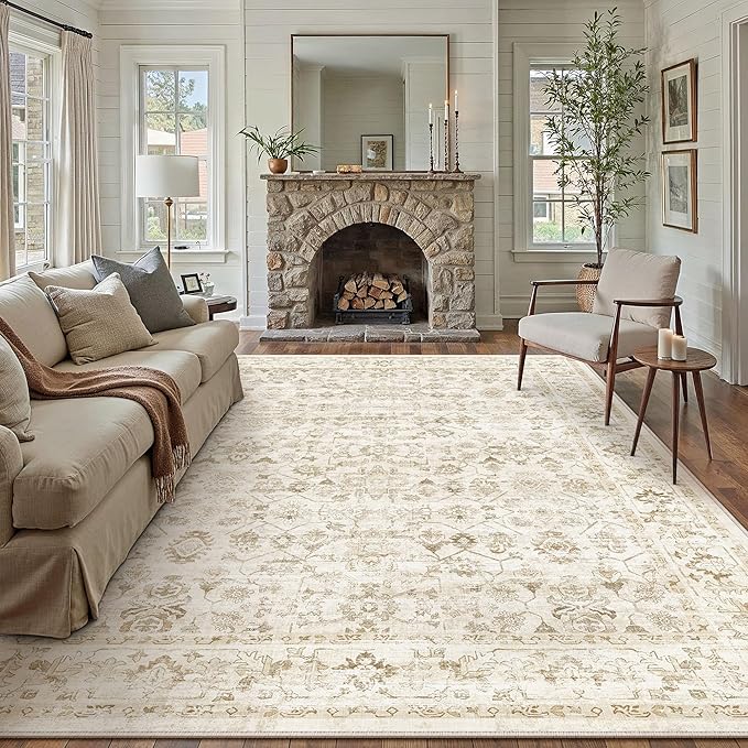 9x12 Beige Washable Neutral Area Rug for Living Room Soft Floral Non Slip Large Rug Modern Low Pile Stain Resistance Indoor Carpet Bedroom Office Playroom Office Classroom