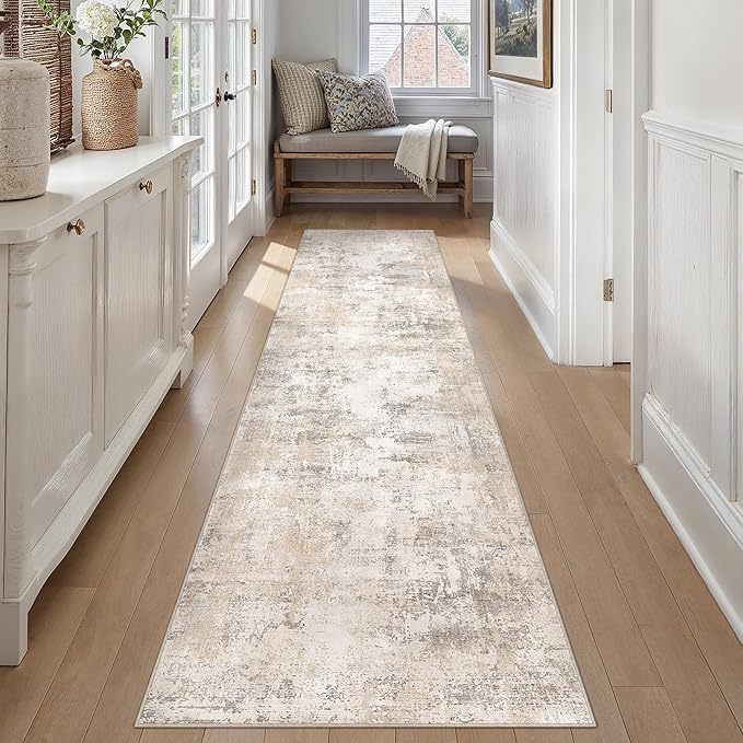 3x10 Washable Runner Rug Beige Grey Abstract Non Slip Soft Low Pile Hallway Kitchen Rug Neutral Modern Carpet for Laundry Bathroom Bedroom Living Room Home Decor