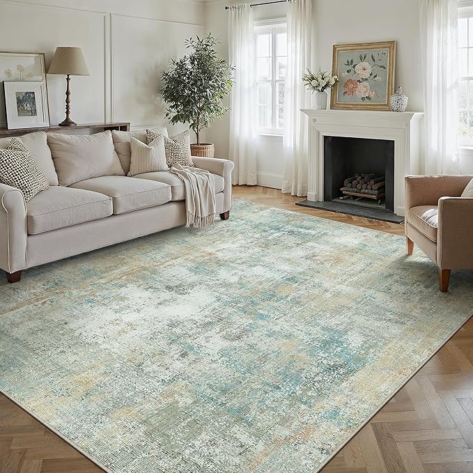 10x14 Washable Area Rug Teal Beige Abstract Non Slip Soft Low Pile Rug for Living Room Bedroom Dining Room Office Neutral Modern Indoor Large Throw Carpet for Home Decor