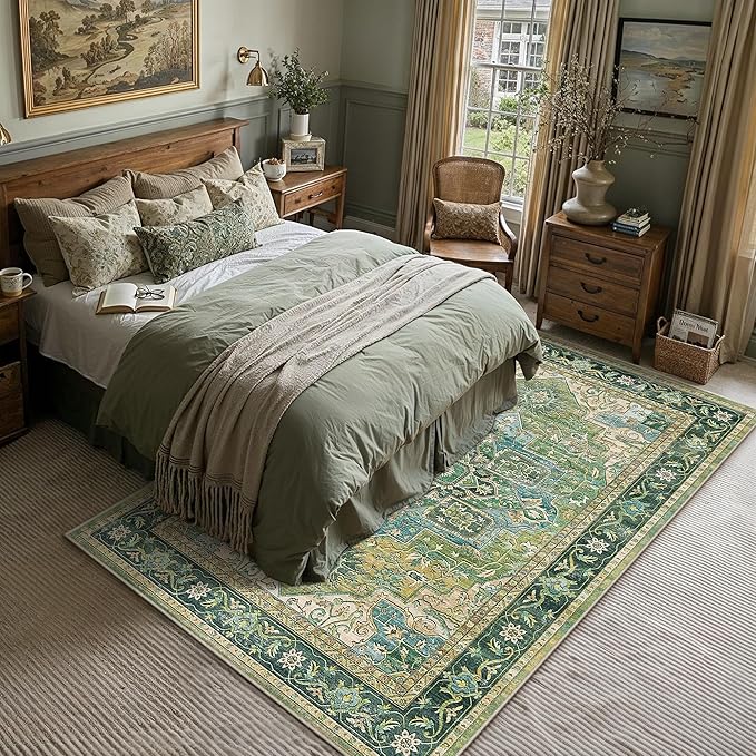 8x10 Washable Vintage Area Rug Green Oriental Living Room Bedroom Throw Rug Neutral Non Slip Soft Low Pile Carpet for Dining Room Office Nursery Indoor