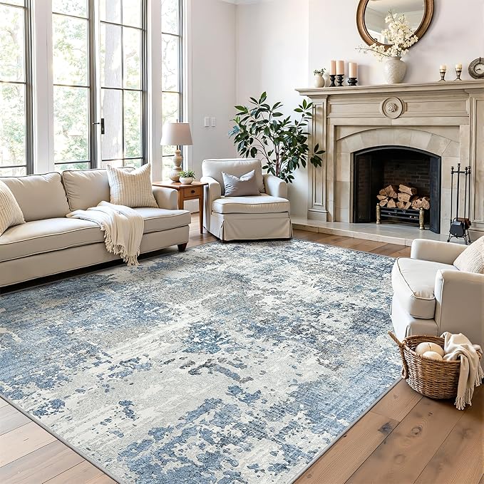 Art&Tuft Washable Rug, Anti-Slip Backing Abstract 8x10 Rug, Stain Resistant Rugs for Living Room, Foldable Machine Washable Area Rug (TPR53-Blue, 8'x10')