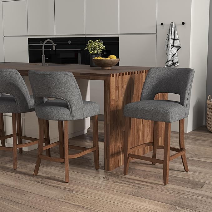VKNOW Bar Stools Set of 4, 26" Upholstered Counter Height Bar Stools, Modern Counter Stools with Wood Legs for Kitchen Island Dining Room Bar, Charcoal
