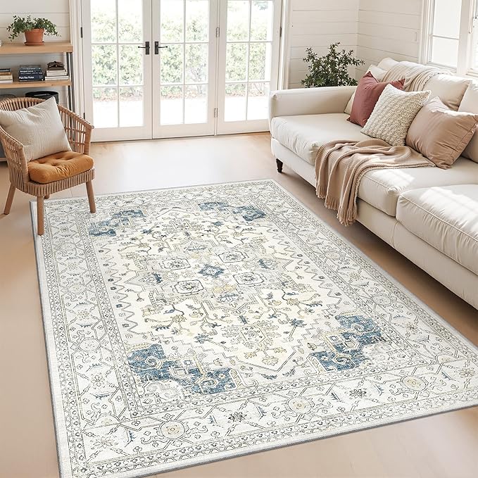Area Rugs for Living Room - 3x5, Boho Non-Slip Low Pile Carpet Washable Rugs for Bedroom, Farmhouse, Office, Dining Room (BeigeBlue)