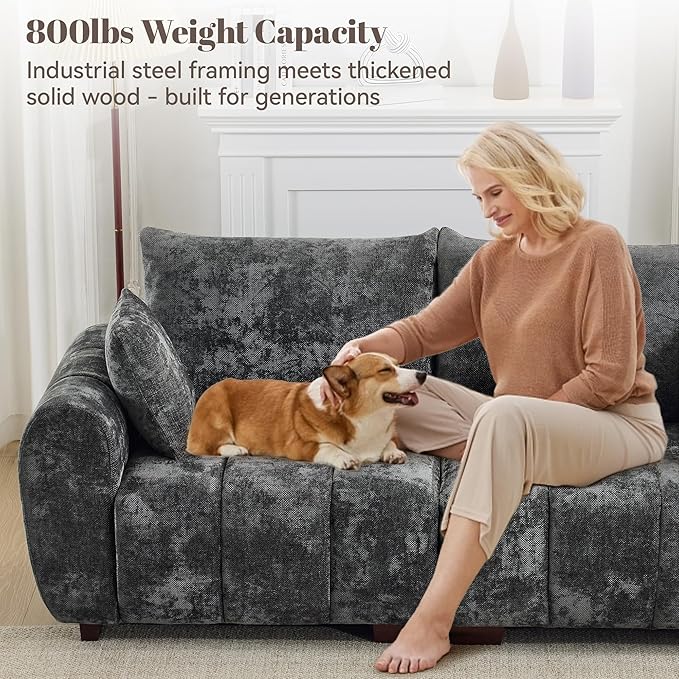 81.5" Chenille Love Seat Sofa, 2 Seater Modular Sectional Couch with Deep Seat, Solid Wood Legs, Cloud Couch for Bedroom, Living Room, Mid Century Modern Loveseat, Tufted Sofa, Grey