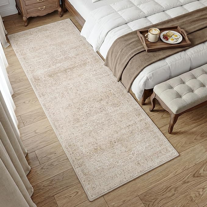 FMFUNCTEX 3x8 Hallway Runner Rug Beige Vintage Neutral Washable Distressed Non Slip Low Pile Indoor Carpet Soft Retro Entryway Rug for Kitchen Bathroom Laundry Entrance Living Room Bedroom Bedside