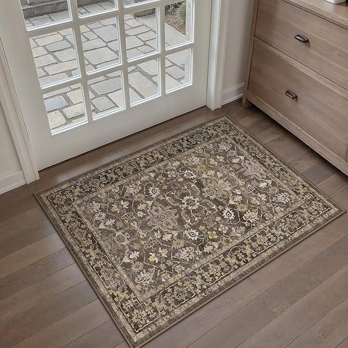 2x3 Brown Washable Vintage Area Rug for Living Room Soft Floral Non Slip Throw Rug Modern Low Pile Stain Resistance Doormat Distressed Carpet Entrance Dinning Laundry Room Kitchen Bathroom