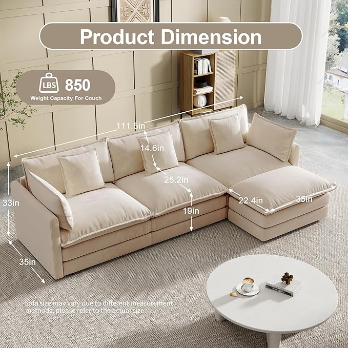 Modular Sectional Sofa, 111.5 Inch L-Shaped Cloud Sofa with Deep Seat Chenille Sofa with Cushions, Three-Self Sectional Sofa for Living Room Apartment,Light Coffee