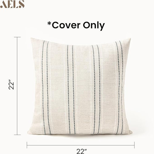 AELS 22x22 Decorative Farmhouse Linen Blend Throw Pillow Covers, Boho Textured Pillow Case, Set of 2, Beige with White & Gray Stitch Yarn Dyed Stripe Cushion Cover for Sofa Living Room (Cover ON