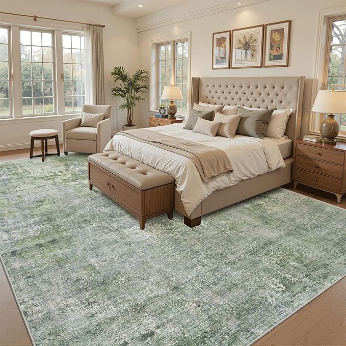 Soalmost Washable Area Rug 8x12, Large Soft Rugs for Living Room Vintage Green/Ivory Carpet 8x12 Area Rugs for Bedroom Dining Room Non-Slip Stain Resistant Under Table Rug