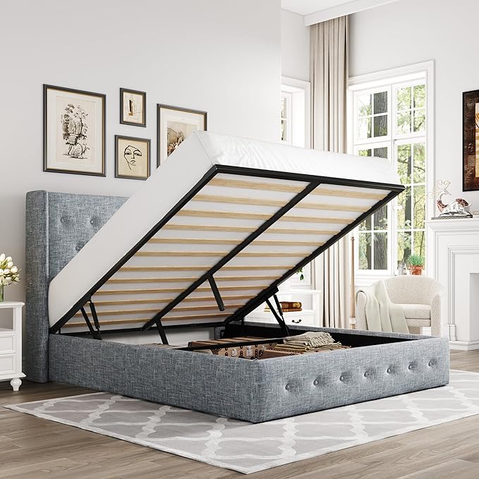 Allewie Full Size Lift Up Storage Bed, Button Tufted Headboard with Wingback, Hydraulic Support, No Box Spring Needed, Grey Blue