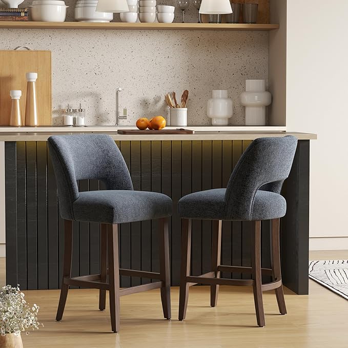 VKNOW Bar Stools Set of 2, 26" Upholstered Counter Height Bar Stools, Modern Counter Stools with Wood Legs for Kitchen Island Dining Room Bar, Navy Blue