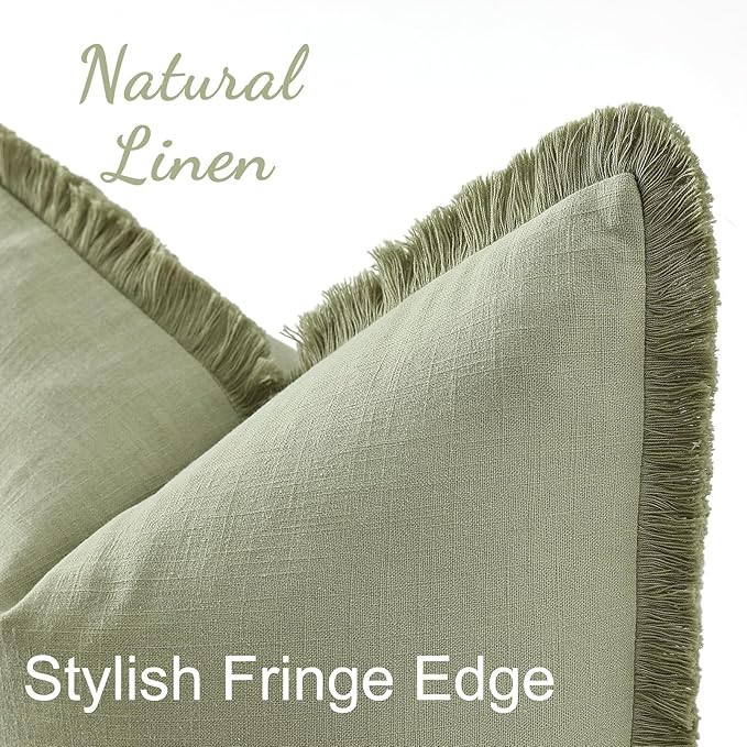 decorUhome Summer Decorative Neutral Linen Fringe Euro Sham Throw Pillow Covers Set of 2 Sage Green Pillow Covers with Tassels Soft Farmhouse Boho Accent Pillow Cases for Couch Bed Sofa 26x26 Inch