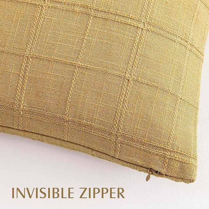 Foindtower Set of 2 Decorative Linen Check Throw Pillow Covers Neutral Farmhouse Vintage Cushion Covers Modern Boho Accent Home Decor for Sofa Chair Couch Bedroom Living Room,22×22 Inch,Amber Gold