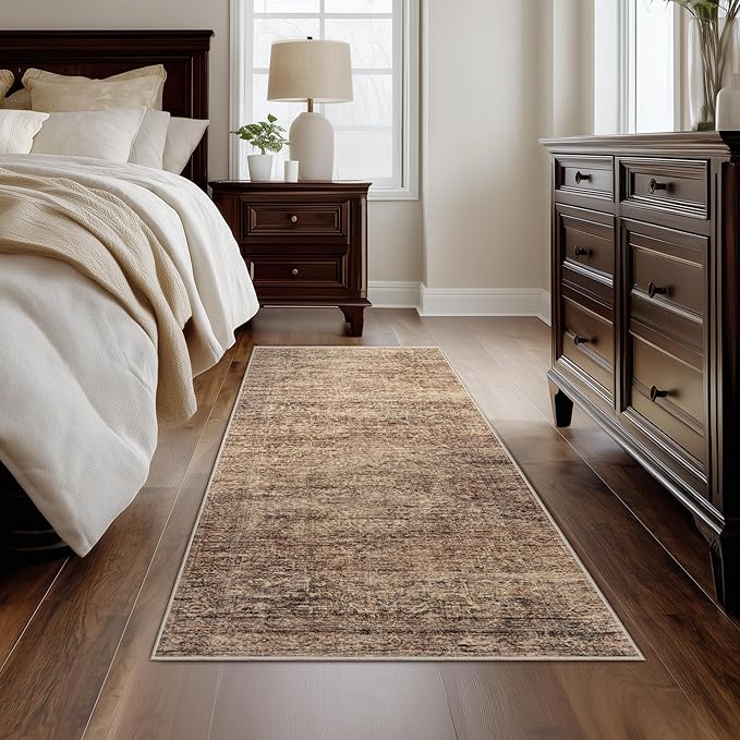 FMFUNCTEX 2x5 Washable Runner Rug Terracotta Vintage Neutral Distressed Oriental Non Slip Low Pile Retro Hallway Entryway Indoor Carpet for Kitchen Living Room Bedroom Bathroom Laundry Entry Bedside