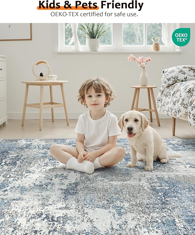 Art&Tuft Washable Rug, Anti-Slip Backing Abstract 8x10 Rug, Stain Resistant Rugs for Living Room, Foldable Machine Washable Area Rug (TPR53-Blue, 8'x10')