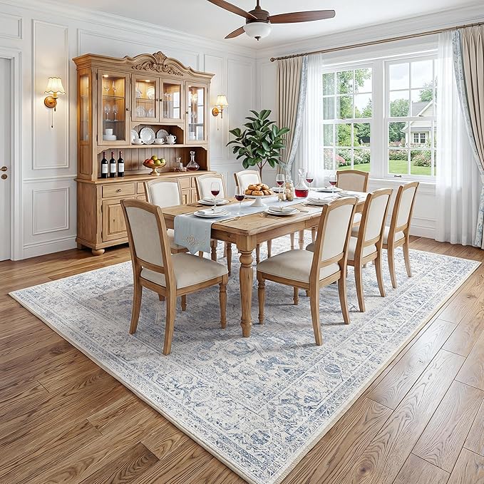 FMFUNCTEX 6x9 Washable Area Rug Blue Neutral Vintage Distressed Oriental Large Non Slip Carpet for Living Room Bedroom Soft Low Pile Indoor Mat Retro Throw Rug for Dining Room Kitchen Office Nursery